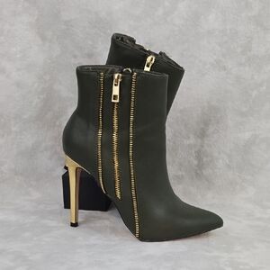 Catherine Malandrino Olive Green Pointed Toe Ankle Boots with Gold Zipper & Heel